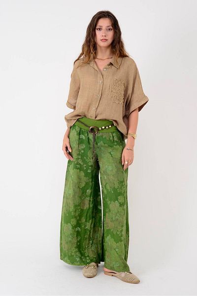 Park Moda 12219 Batik Rose Pattern Wide Leg Belted Linen Pants