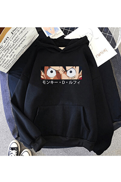 Harajuku Style Hanorac negru cu glugă Anime Luffy Eyes