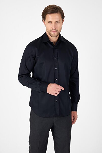 İmza Black Long Sleeve Italian Collar Pocketless Non Iron Slim Fit 100% Cotto...