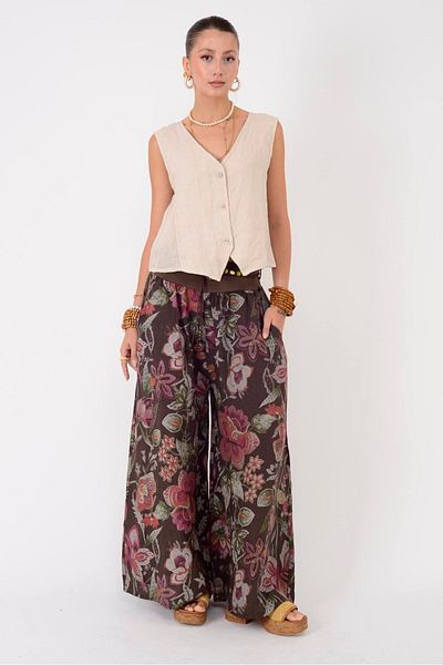 Park Moda 9530 Floral Pattern Wide Leg Belt Linen Pants