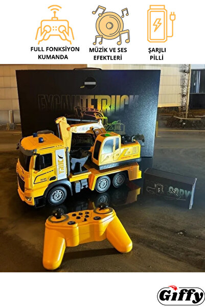 giffy Oyuncak Uzaktan Kumandalı Metal Excavate Truck Şarjlı Sesli Işıklı Kepçe Kazıcı Ekskavatör