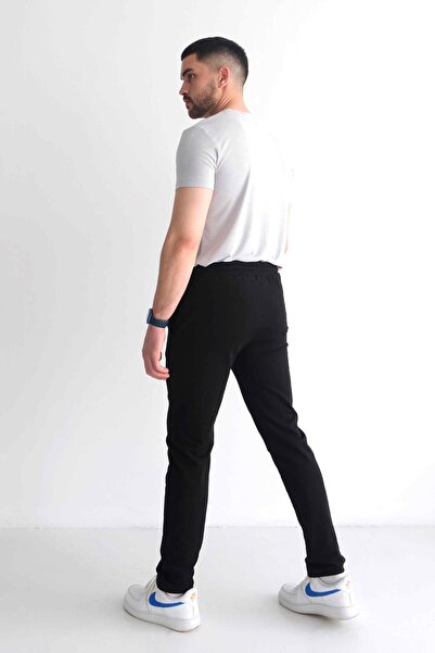 Behind Look Ανδρικό παντελόνι με κορδόνια στη μέση, λεπτή εφαρμογή, με τσέπες, ίσιο πόδι, εμπριμέ μαύρο παντελόνι