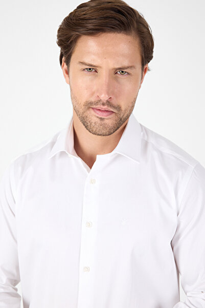 İmza White Long Sleeve Hard Collar Pocketless Slim Fit 100% Cotton Shirt 1004250266