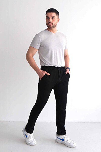 Behind Look Ανδρικό παντελόνι με κορδόνια στη μέση, λεπτή εφαρμογή, με τσέπες, ίσιο πόδι, εμπριμέ μαύρο παντελόνι