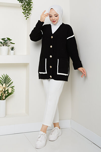 Pamuk Butik Γυναικεία ριγέ λεπτομερή τσέπη Σαλανίκα πλεκτή ζακέτα casual πλεκτό