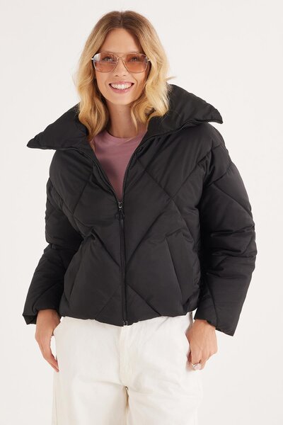 Tudors Women's Oversize Wide Cut Puffer Stand Collar Black Coat