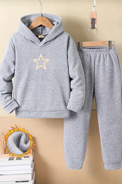 CLAYES Children's Gray Hooded Tracksuit Set Hooded Fabric Winter Set of Two - Star Printed