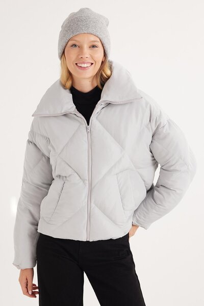 Tudors Women's Oversize Wide Cut Puffer Stand Collar Gray Coat