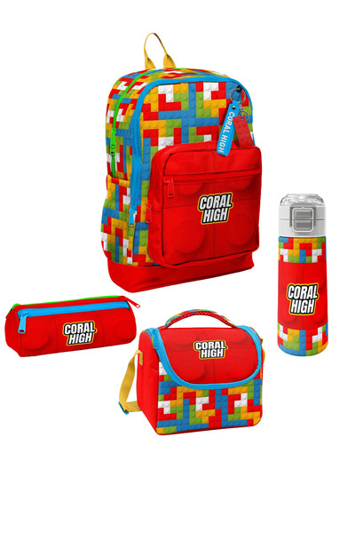 Coral High Color Block Patterned 4-Piece School Bag Set Elementary School Bag Set