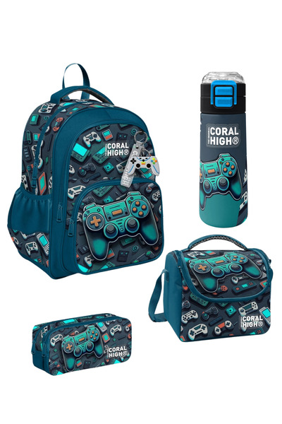Coral High Nefti Gamer 4-Piece School Set – Backpack, Lunchbox, Pen Holder and Steel Thermos Elementary