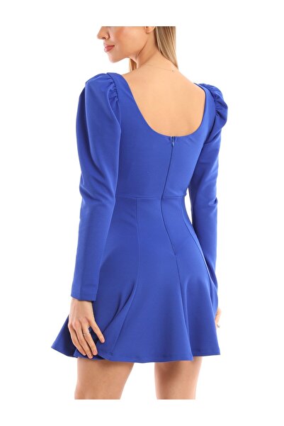 Miss Allos Kadın Elbise Mavi Mini Boy Göğüs Dekolteli Uzun Kollu Elbise