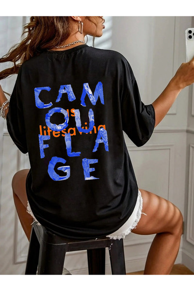 ELNOYA Unisex Black Oversize "Cam Ouflage" Printed Crew Neck Comfortable T-Shirt