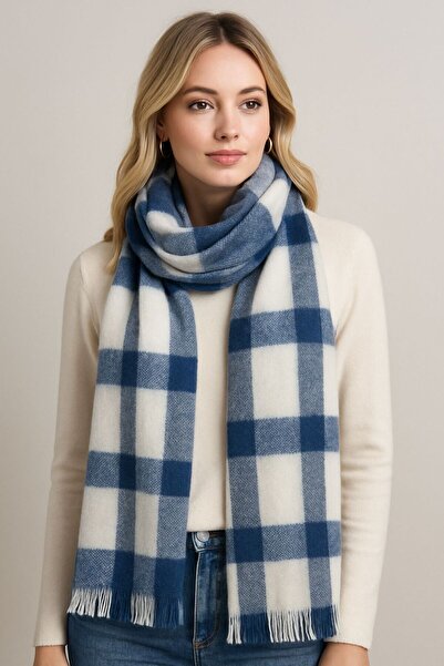 sf collection Eșarfă de iarnă cu model în carouri albastre pentru femei - textură groasă și moale