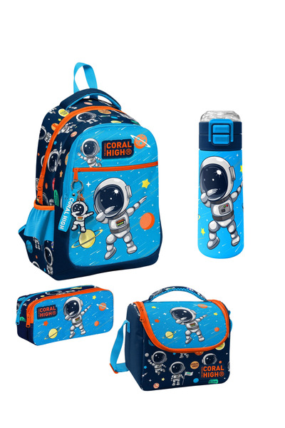 Coral High Navy Blue Astronaut Patterned 4-Piece School Bag Set for Boys Elementary School Bag