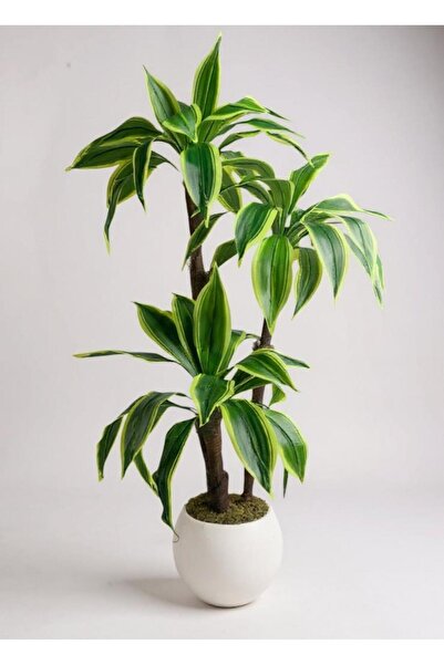 Nettenevime Yapay Ağacı Yukka Sarı Şeritli Draceena Ağacı Beyaz Küre Saksıda 120*50cm