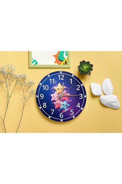 M&H Quality Cute Colorful Stars Patterned Silent Mechanism Wall Clock – Children's Room Decorative