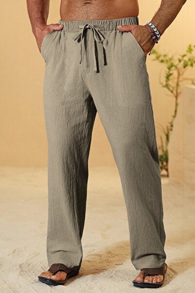 GHASSY CO. Ghassy Co. Erkek %100 Cotton Muslin Keten Karışım Rahat Ultra Hafif Ev İçi/Dışı Keten Pantolon