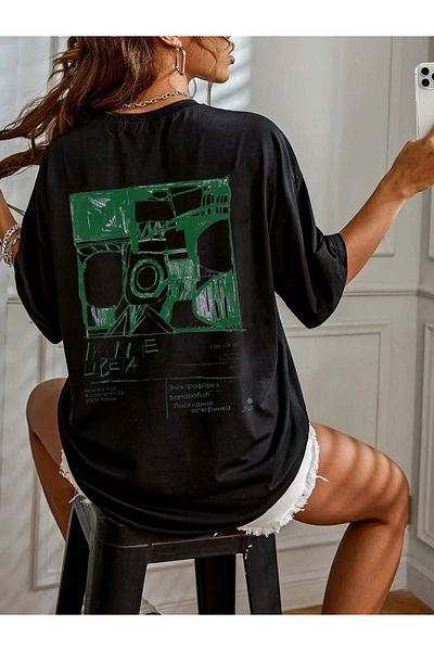 ELNOYA Unisex Black Oversize "Camera" Printed Crew Neck Comfortable T-Shirt