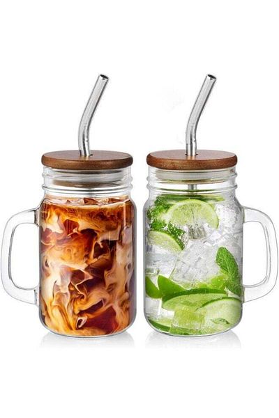 Generic 24oz Iced Coffee Cups Set of 2, Mason Jar Cups, Glass Cups with Lids and Straws, Mason Jars with Ha