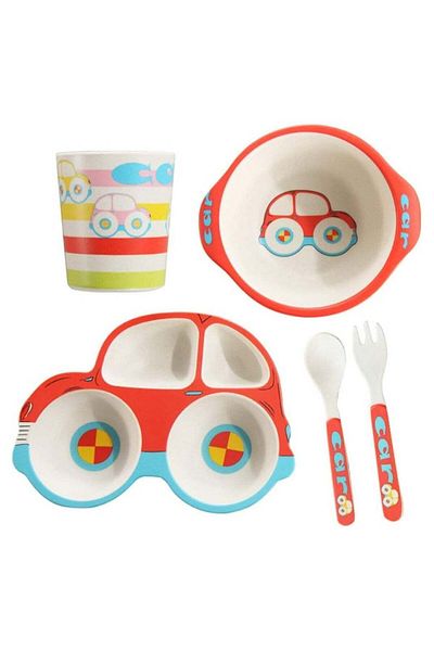 Generic ORiTi 5 Piece Bamboo Dinnerware for Kids, Toddler, Car Plate and Bowl Set, Eco Friendly and Dishwas