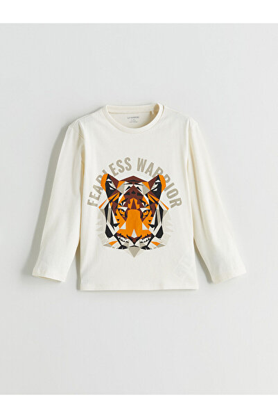 LC Waikiki Μπλουζάκι για αγόρια με λαιμόκοψη μπεζ Tiger με τύπωμα
