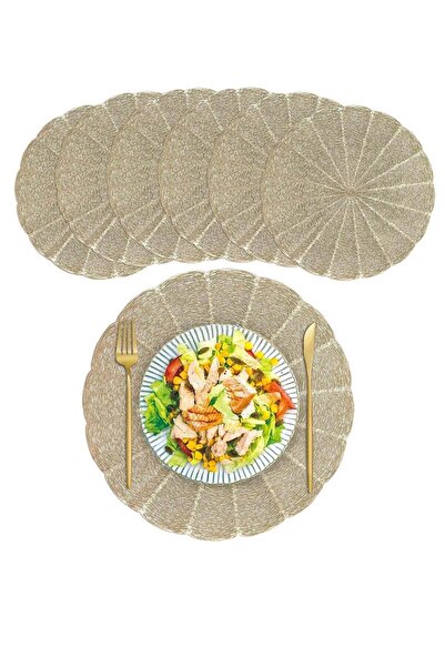 Generic KASTWAVE Placemats Set of 6, Round Gold Vinyl Placemats 15''Easy-to-Clean Non-Slip Heat-Resistant P