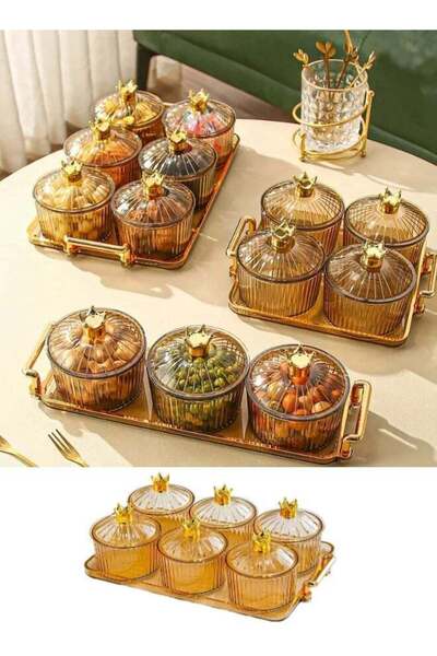 Generic Clear Nut Storage Platter with Lid Gold Crown Shape, 6 Removable Smal...