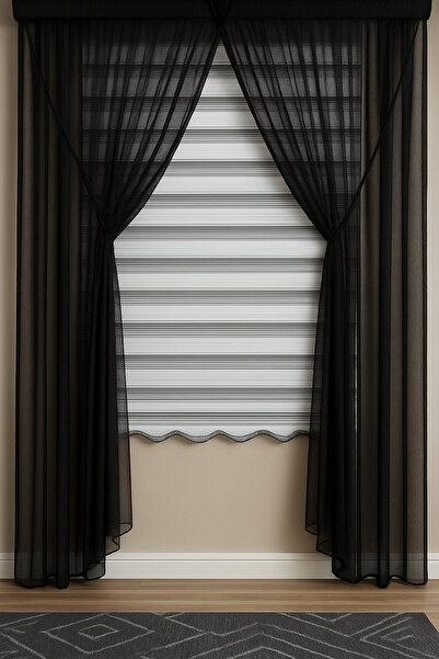 Emuz Kruvaze GrekSiyah Düz Tül Perde 2 Adet Halat Hediyeli Sık Pileli - Tül, ...