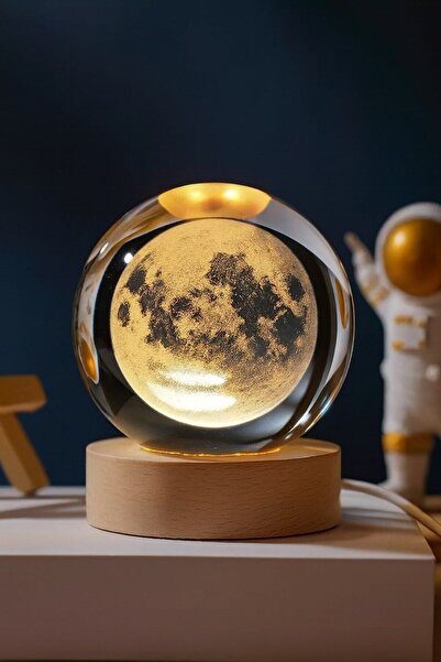 Lexi Bella Ledli USB'li Ahşap Standlı Dolunay Küre Temalı Kristal Ay Küre Gün...