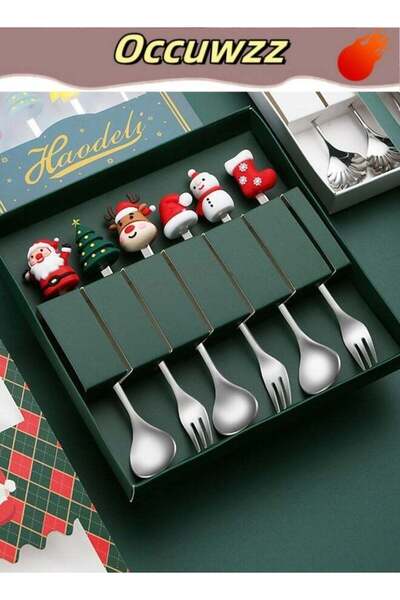 Generic Silverware Set, 6 Pieces New Creative Stainless Steel Tableware Christmas Spoon Gift Box Cartoon Ch