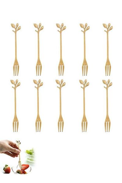 Generic 10 Pcs Leaf Shape Fruit Forks Set, Stainless Steel Gold Fruit Salad Forks, 4.7 Inches Tasting Desse