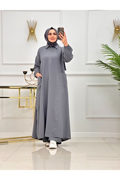 Enans Design Zippered Polo Neck Double Tunic Trouser Set İnci