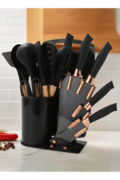 Generic طقم سكاكين مطبخ من الفولاذ المقاوم للصدأ وملعقة سيليكون باللون الأسود، مكون من 19 قطعة