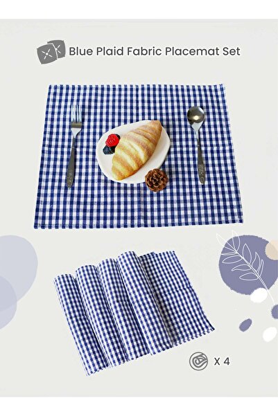 Generic 4Pcs Cotton Blue Plaid Rectangular Placemat Set,30x40cm Large Size Pastoral Style Dining Table Plac