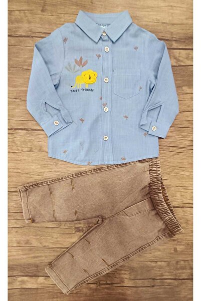 kumru bebe KUMRU BOYS KIDS COLLECTION ASLAN DETAYLI ERKEK BEBEK GÖMLEK PANTOLON BELİ LASTİKLİ GÖMLEK %100 PAMUK