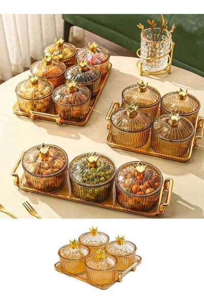 Generic Clear Nut Storage Platter with Lid Gold Crown Shape, 4 Removable Smal...