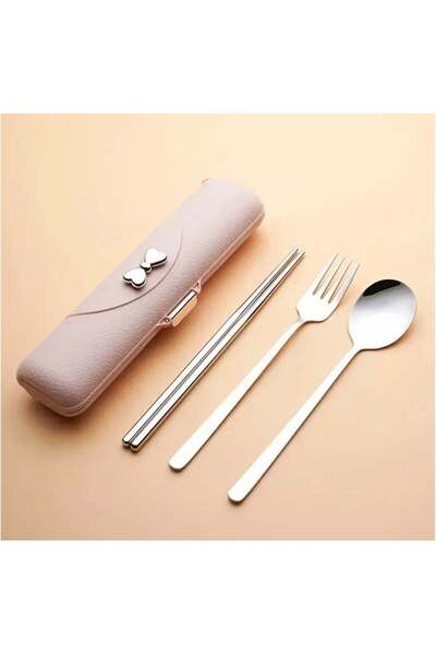Generic Elegant 3pcs Stainless Steel Cutlery Set with Bowknot Design - Includes Spoon, Fork, Chopsticks & P