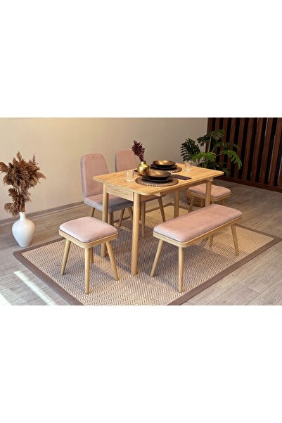 Rabi MİORA MİNİ AÇILIR MUTFAK MASA TAKIMI,KARİNA MEŞE TAŞ RENGİ(1 Masa + 2 Sandalye + 2 Tabure + 1 Bench)
