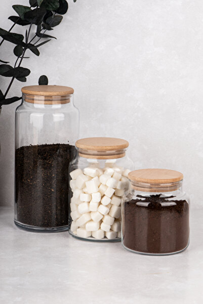 Dolkin Home Set of 3 Wooden Vacuum-Lid Jars 1300-800-500 ml Glass Jar Set