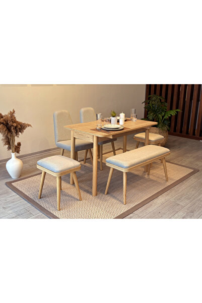 Rabi MİORA MİNİ AÇILIR MUTFAK MASA TAKIMI, KARİNA MEŞE KREM(1 MASA + 2 SANDALYE + 2 TABURE + 1 BENCH)
