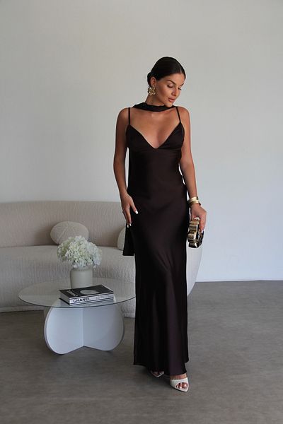 Julidress V Neck Back Tie Maxi Long Length Premium Satin Dress with Shawl