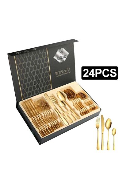 Generic XIANGYU Luxury Gold 24pcs Stainless Steel Cutlery Set Knife Fork Spoon Flatware Set With Gift Box