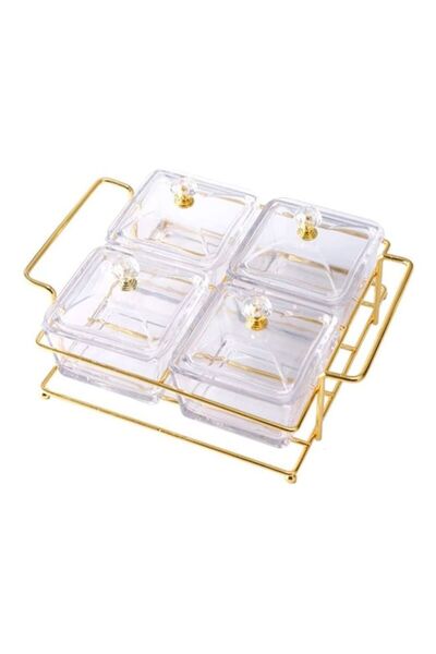Generic XiuWoo 4-Piece Condiment Server Dishes with Bracket Clear/Golden 7.5 x 19 x 24.5cm
