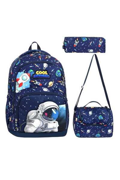 BGT BEGATİ Astronaut Dark Blue Patterned Triple Children's Primary School Bag Special Fabric (Bag.Thermal Lunch.Pencil Holder)