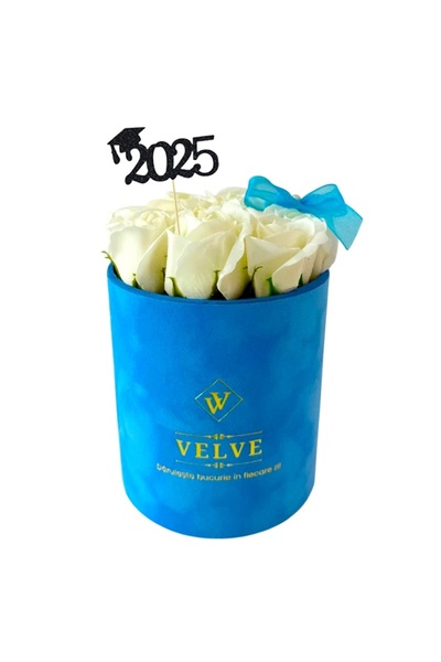 velve VLV graduation floral arrangement, with 9 soap roses, in blue velvet box, White