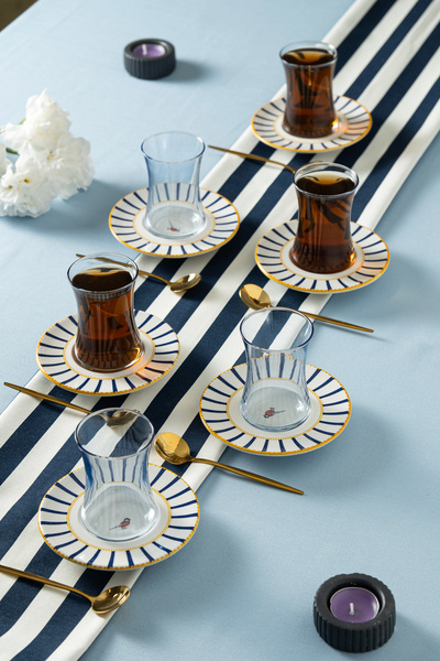 clasavm 12 Piece Blue Bird Pattern Tea Set |   6 Tea Cups - 6 Tea Saucers