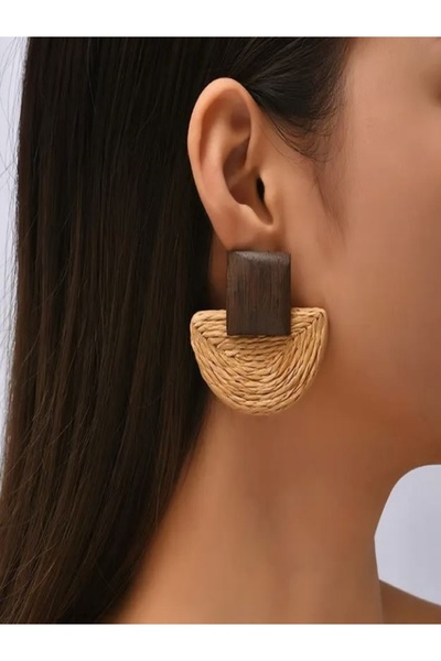 Alyas Aksesuar Vintage Wooden and Woven Rattan Studded Earrings