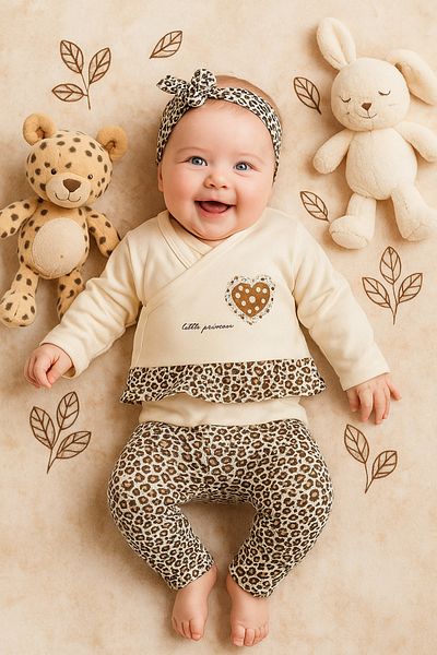 Ozz Baby 0-3 Months Baby Girl Newborn, Leopard Patterned 5-Piece Hospital Discharge Bodysuit Set