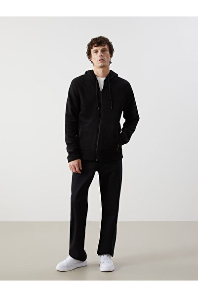 LC Waikiki Black Hooded Long Sleeve Fleece Men's Zippered Sweatshirt