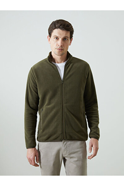 LC Waikiki Khaki Stand Collar Long Sleeve Fleece Men's Zippered Sweatshirt